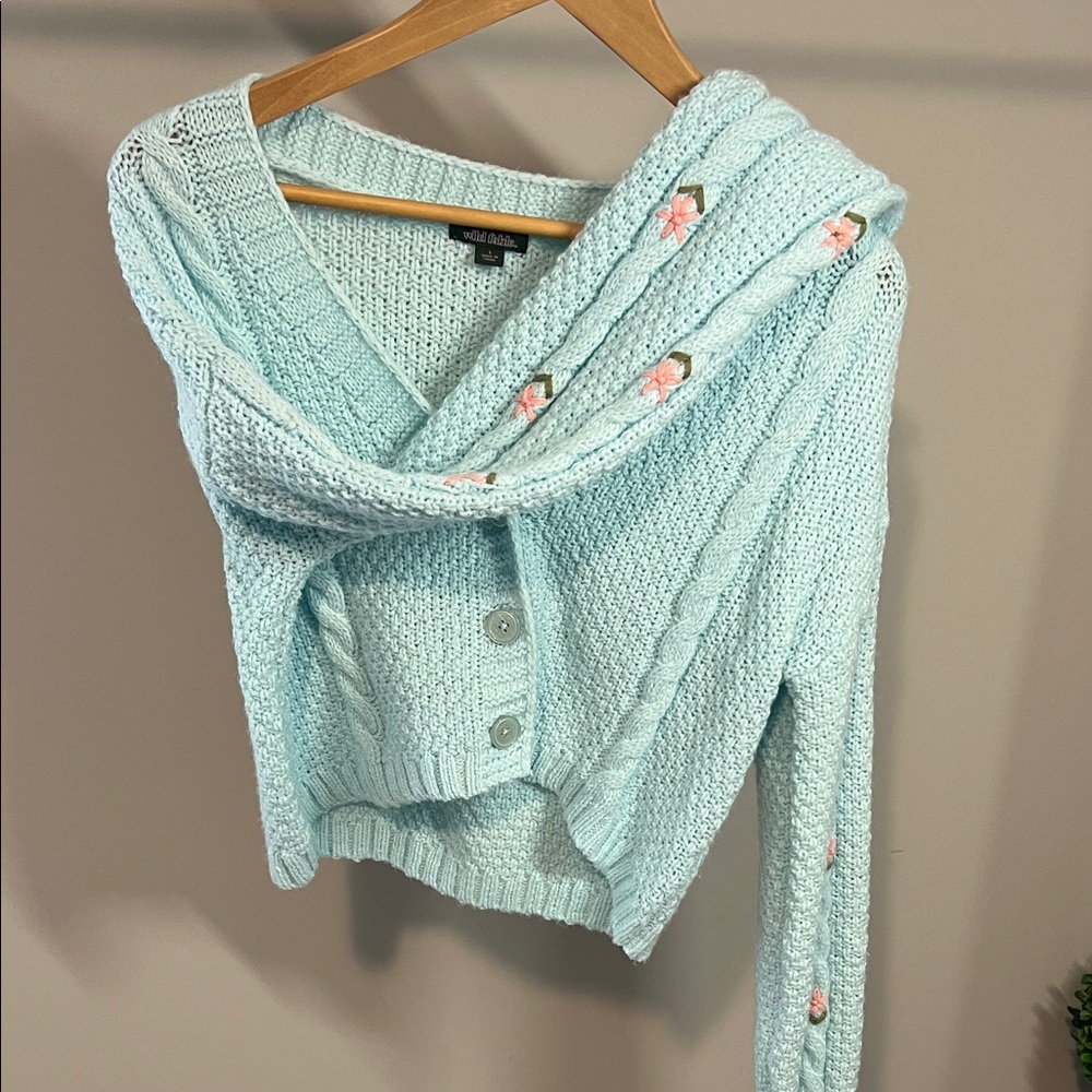 Embroidered Pink Flowers on Light Blue Cardigan